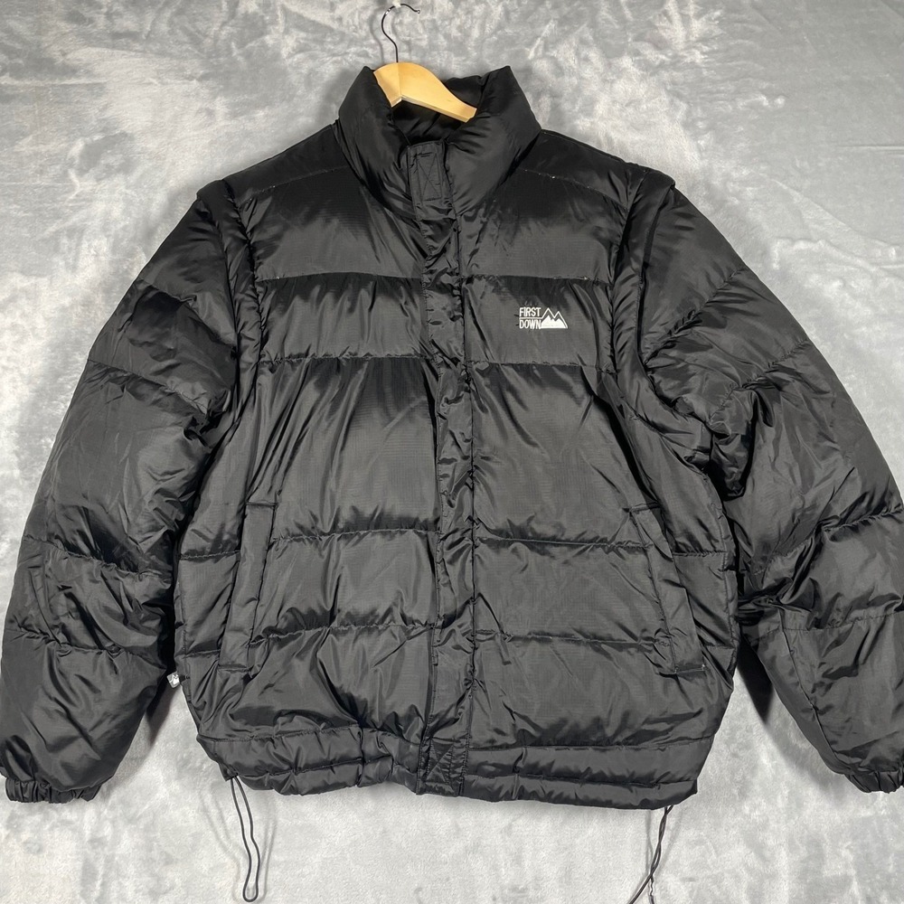 Vintage First Down Puffer Jacket Black Down Filled Convertible Vest Coat Men L